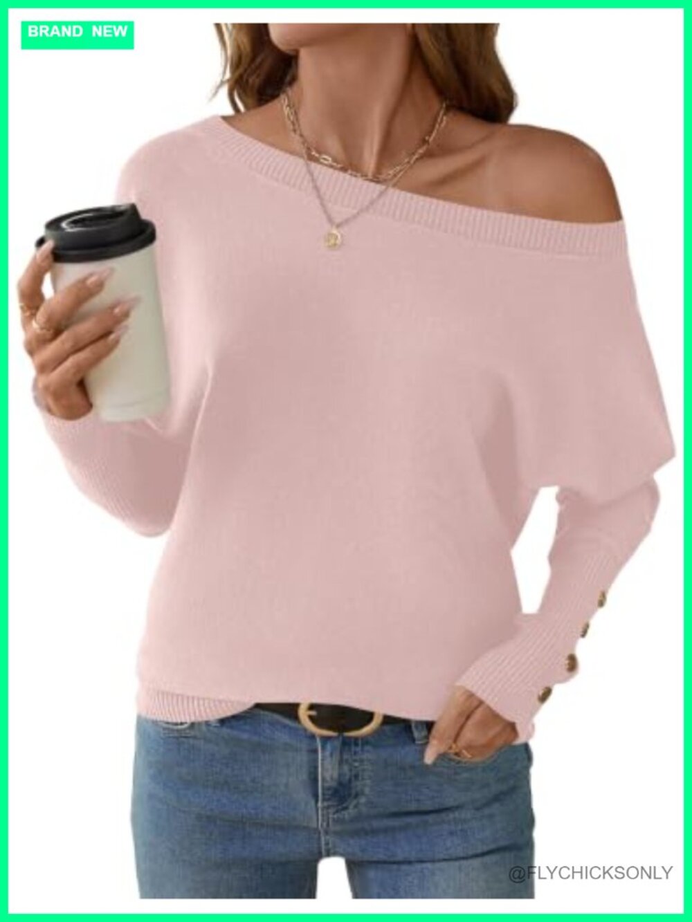 Off the Shoulder Oversized Knit Pullover Sweater Batwing Sleeve Fall Winter